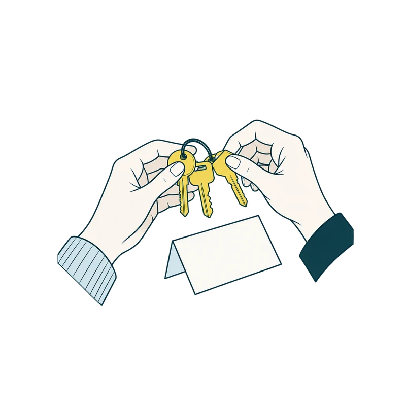 Original flat editorial drawing of hands, keys and an address note