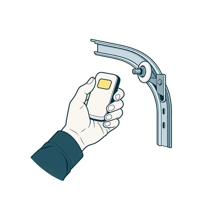 Original flat editorial drawing of a hand with a garage remote and roller detail