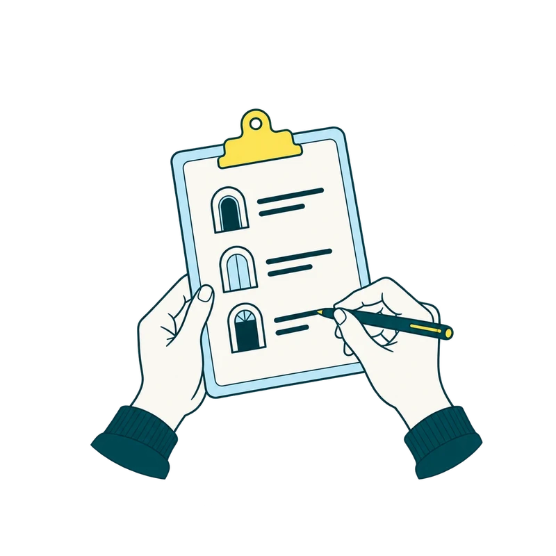 Original flat editorial drawing of hands with an entrance checklist