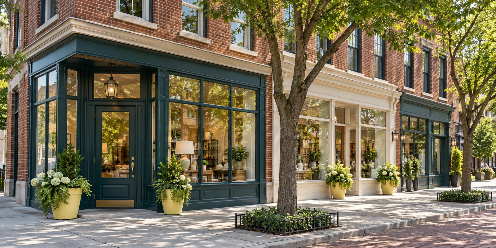 Original representative New Jersey village commercial streetscape with petrol storefronts